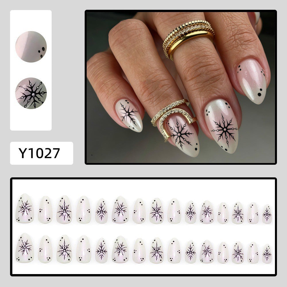 Nude & Black Snowflakes Christmas press-on nail design, style Y1027, 30-piece set
