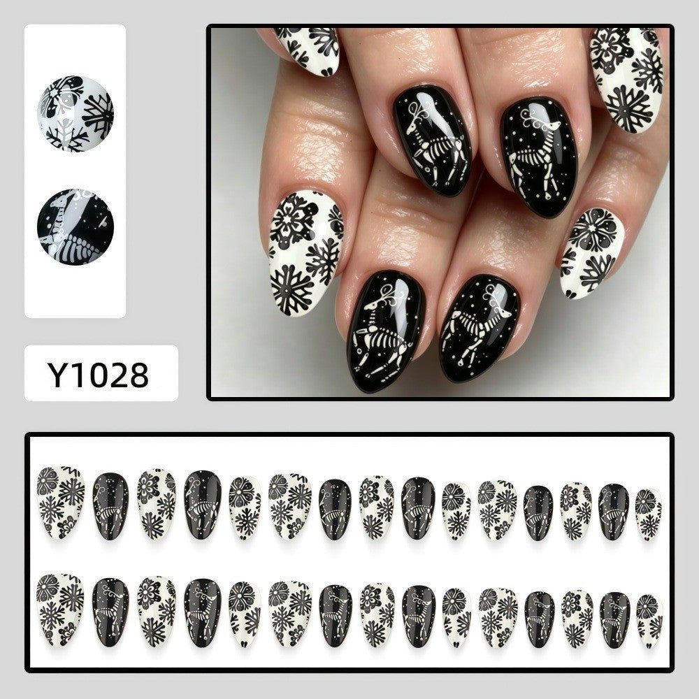 Black Snowflakes & Stripes Christmas press-on nail design, style Y1028, 30-piece set