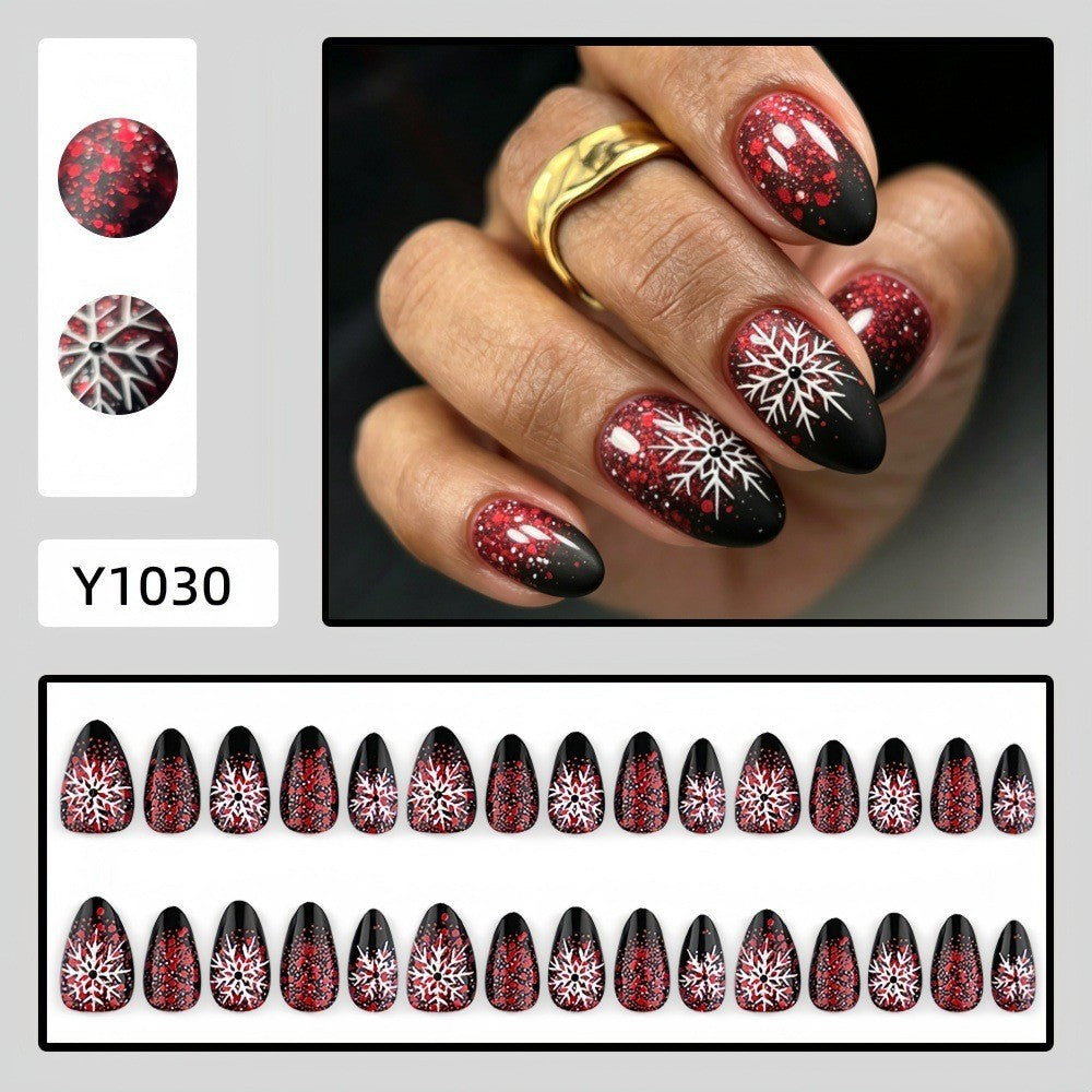 Burgundy Snowflake Sparkle Christmas press-on nail design, style Y1030, 30-piece set
