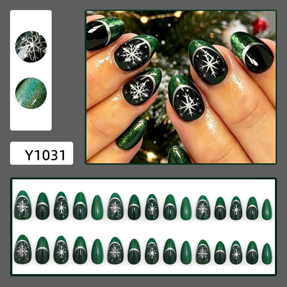 Emerald Snowflake French Tips Christmas press-on nail design, style Y1031, 30-piece set