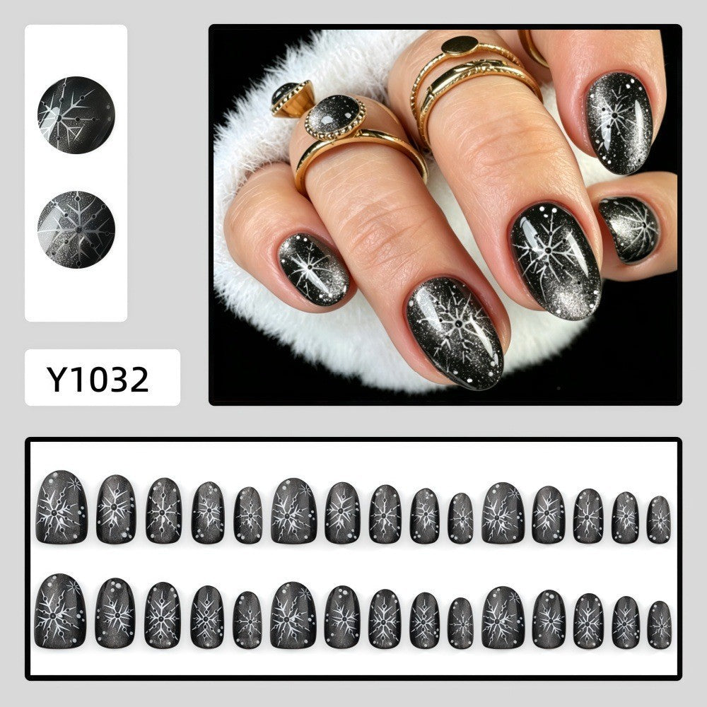 Midnight Sparkle Snowflakes Christmas press-on nail design, style Y1032, 30-piece set