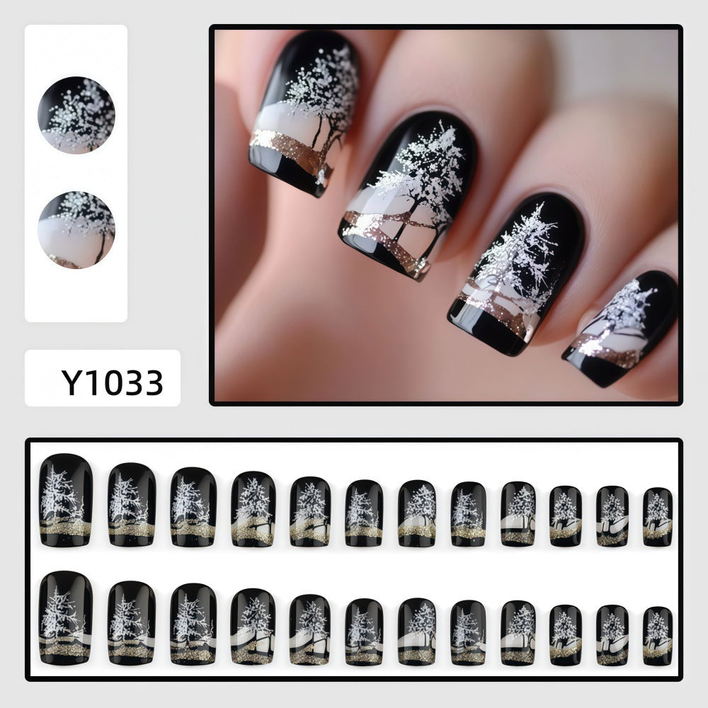 Black French Winter Trees Christmas press-on nail design, style Y1033, 24-piece set