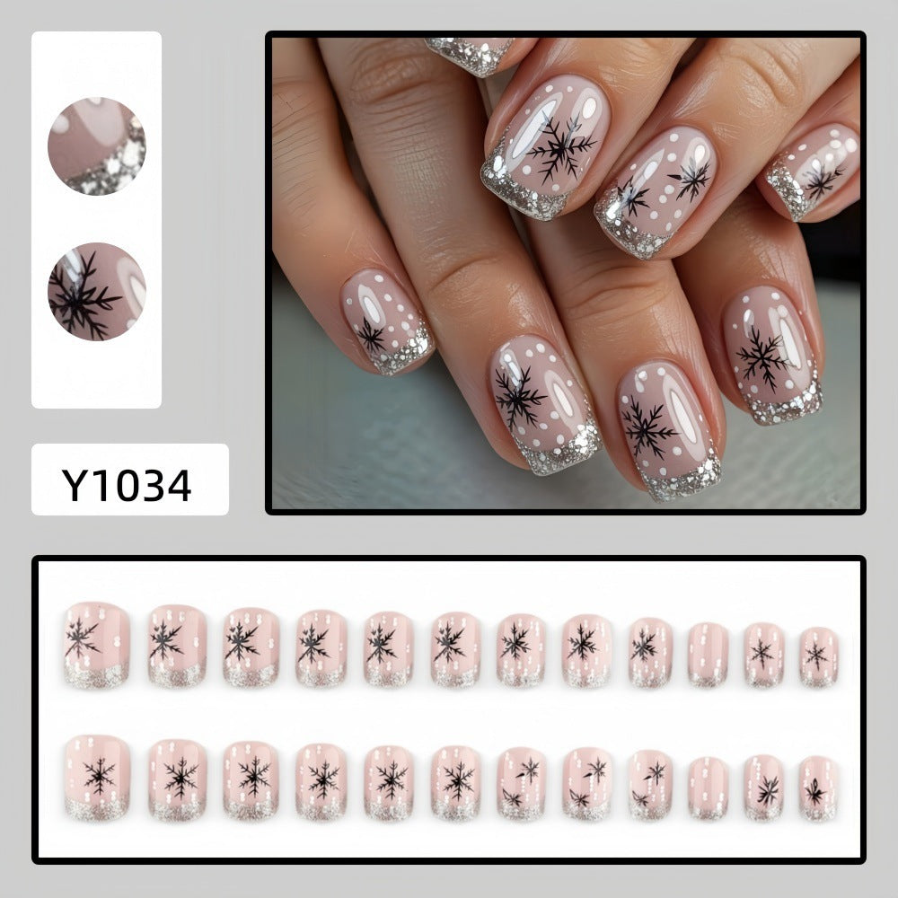 Blush Sparkle Snowflakes Christmas press-on nail design, style Y1034, 24-piece set