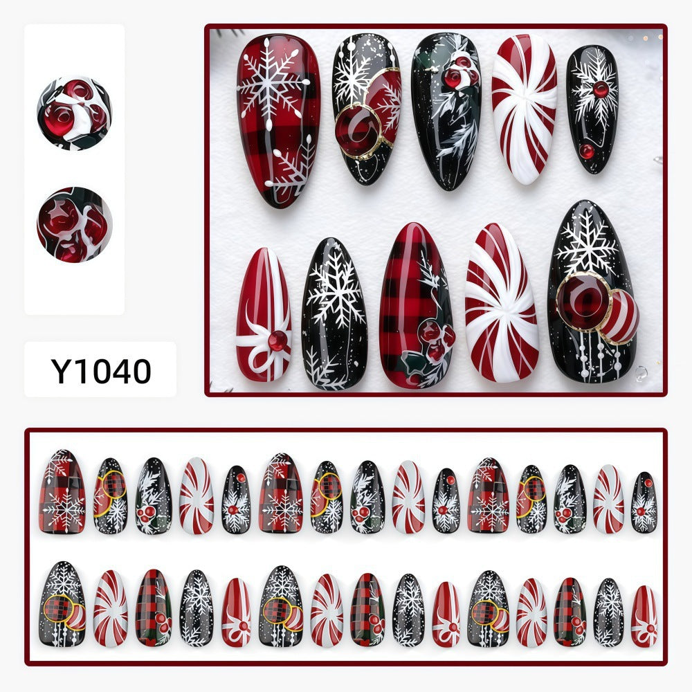 Red, Black & White Peppermint Christmas press-on nail design, style Y1040, 30-piece set