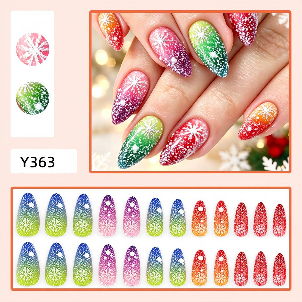 Rainbow Glitter Snowflakes Christmas press-on nail design, style Y363, 24-piece set