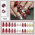 Burgundy & Gold-Look Winter Christmas press-on nail design, style Y364, 24-piece set