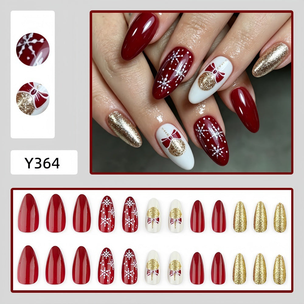 Burgundy & Gold-Look Winter Christmas press-on nail design, style Y364, 24-piece set