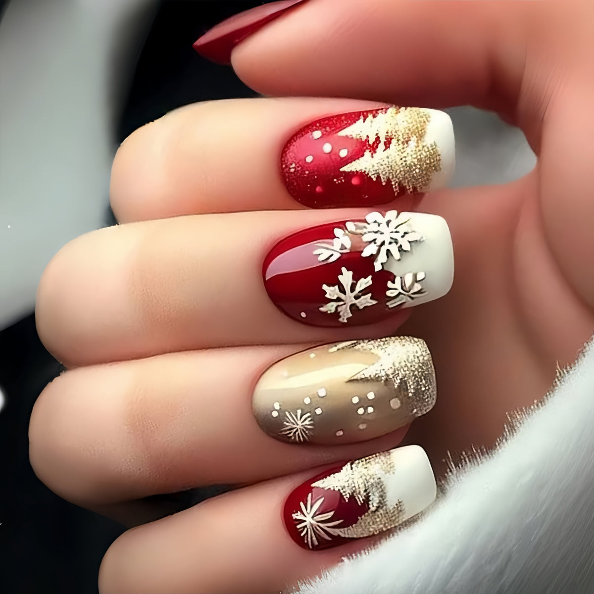 Red & Gold-Look Snowflakes Christmas press-on nail design, style Y365, 24-piece set