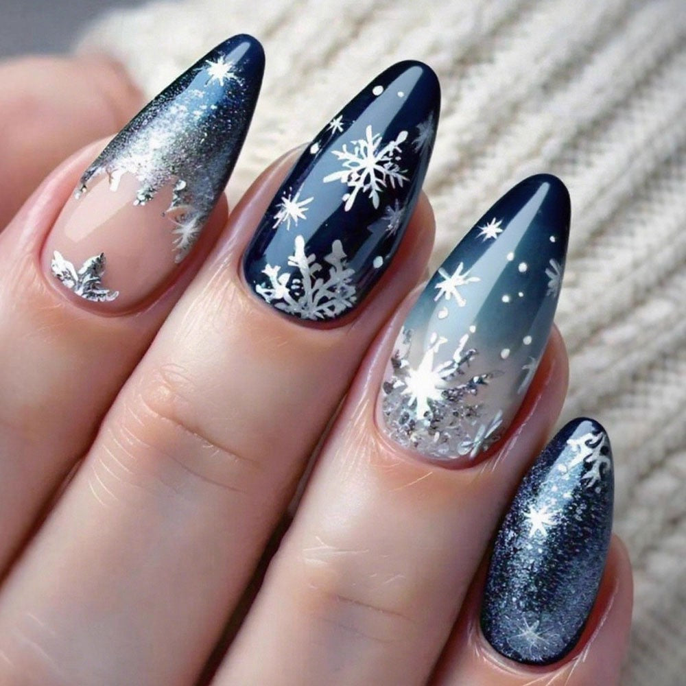Icy Blue Ombre Snowflakes Christmas press-on nail design, style Y366, 24-piece set