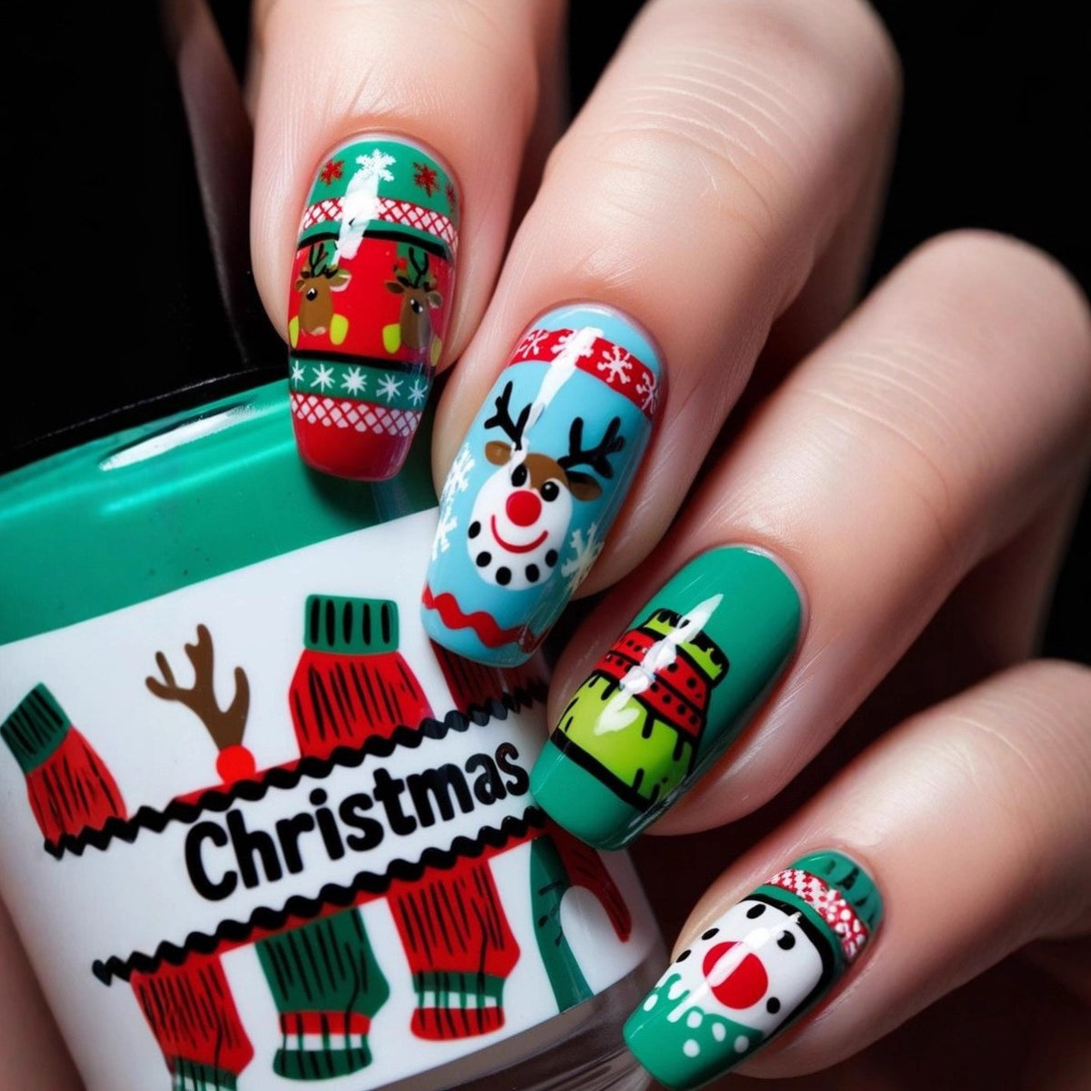 Colorful Christmas Characters Christmas press-on nail design, style Y423, 24-piece set