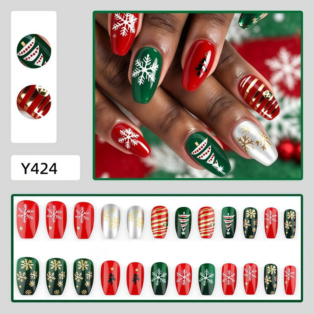 Red & Green Winter Patterns Christmas press-on nail design, style Y424, 24-piece set