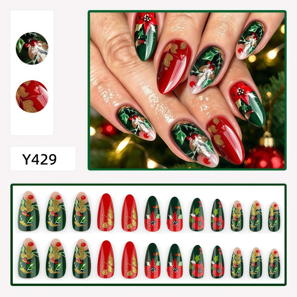 Red & Green Christmas Scenes Christmas press-on nail design, style Y429, 24-piece set