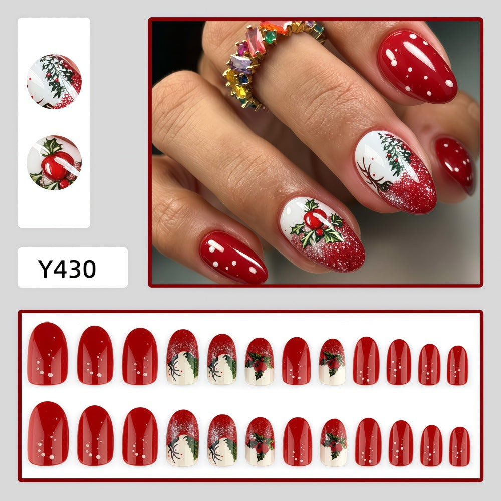 Red Holly & Snowflakes Christmas press-on nail design, style Y430, 24-piece set