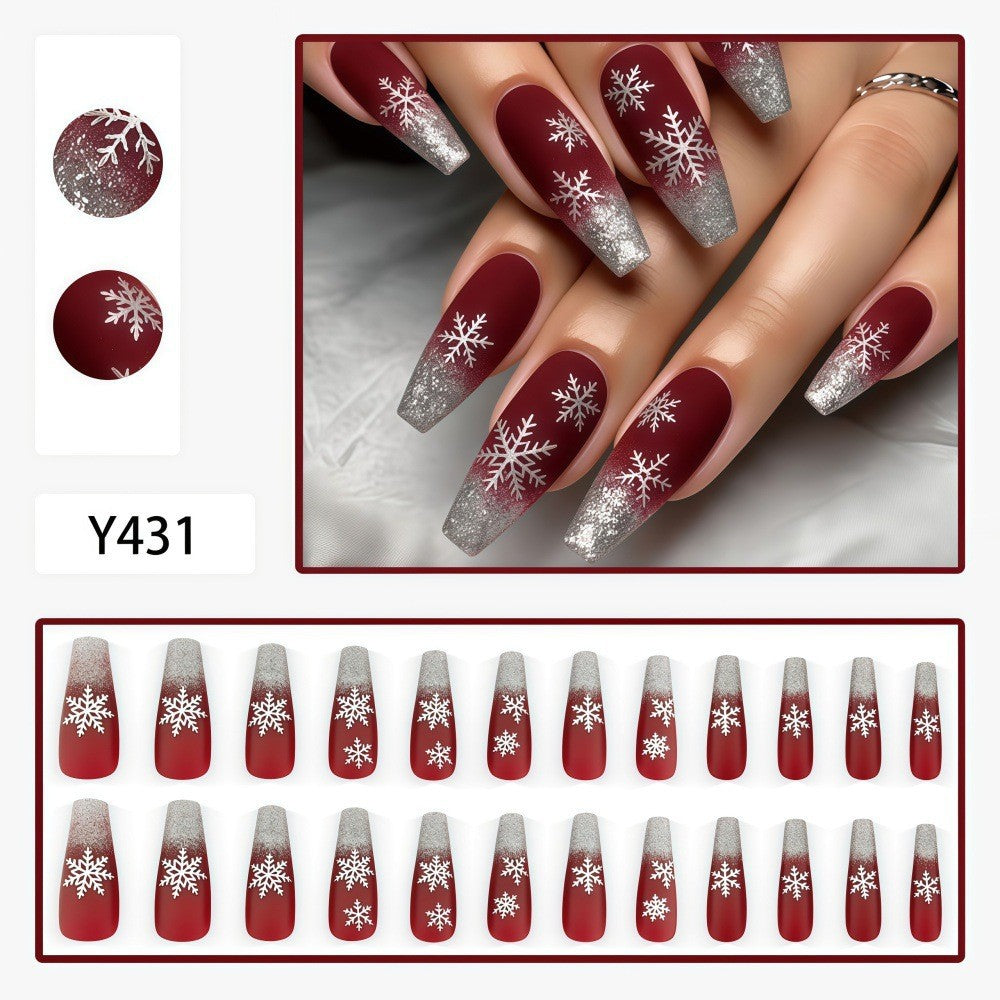 Burgundy Ombre Snowflakes Christmas press-on nail design, style Y431, 24-piece set