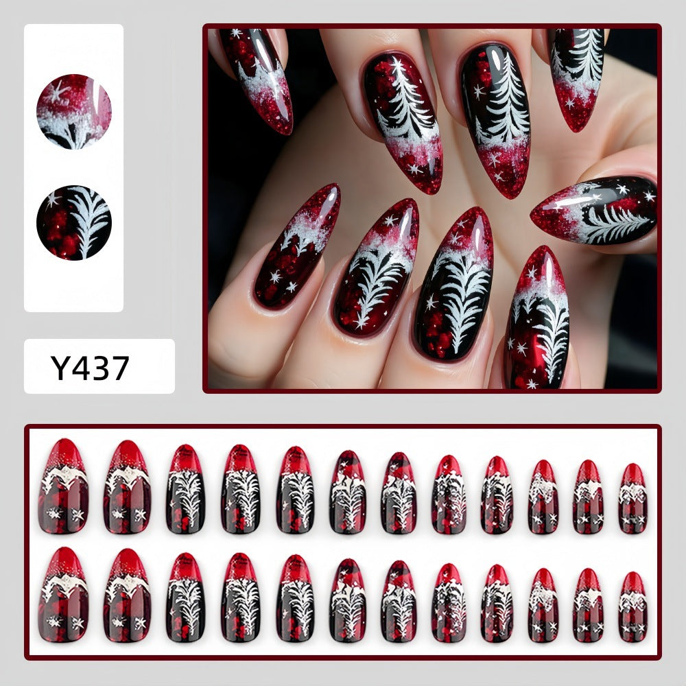 Burgundy & Black Winter Trees Christmas press-on nail design, style Y437, 24-piece set