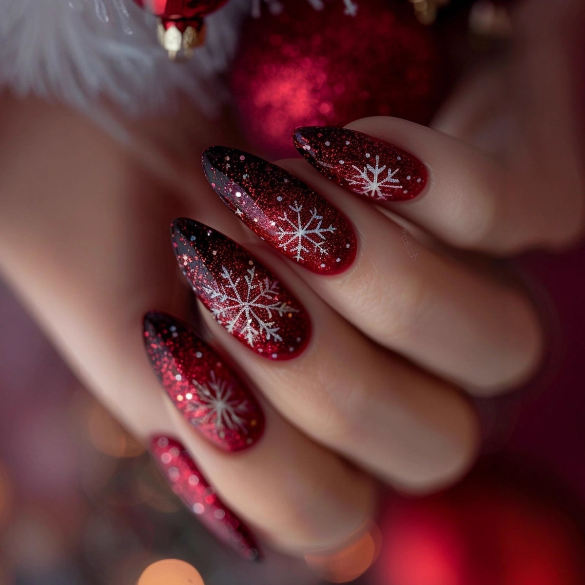 Burgundy Glitter Snowflakes Christmas press-on nail design, style Y438, 24-piece set
