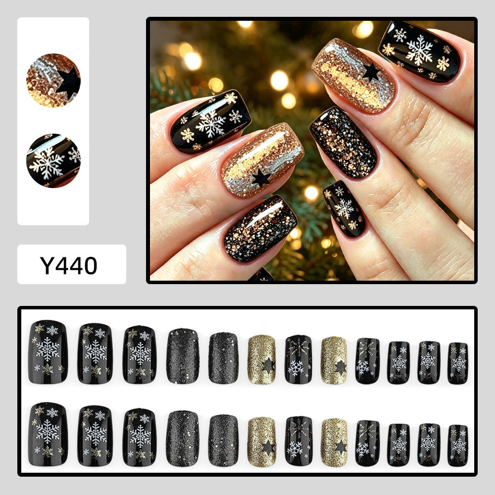 Black & Gold-Look Winter Christmas press-on nail design, style Y440, 24-piece set