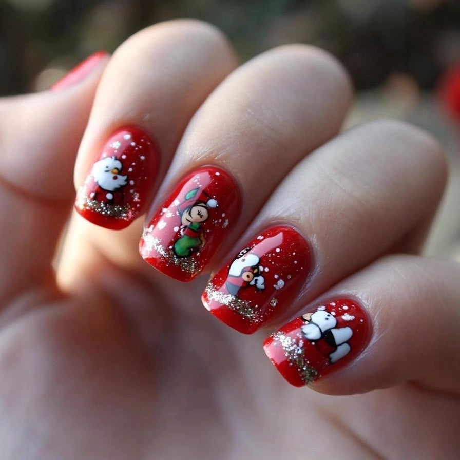 Red Christmas Characters Christmas press-on nail design, style Y441, 24-piece set