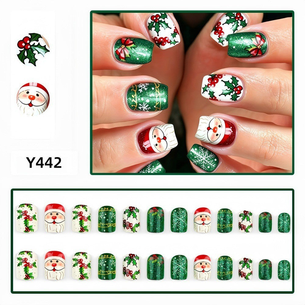 Green Santa & Snowman Christmas press-on nail design, style Y442, 24-piece set