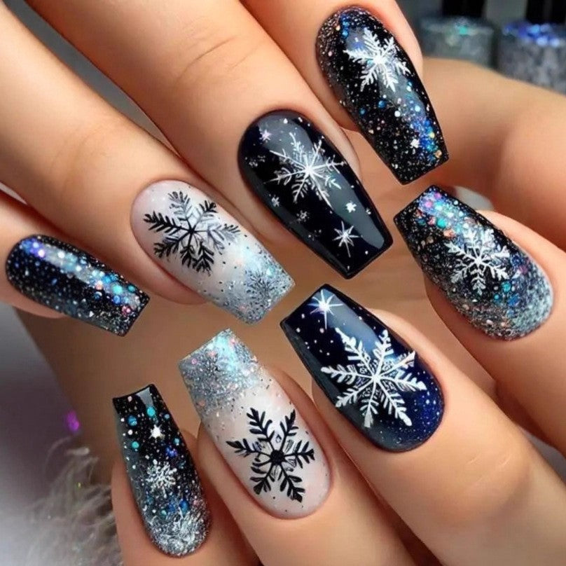 Midnight Blue Snowflakes Christmas press-on nail design, style Y443, 24-piece set
