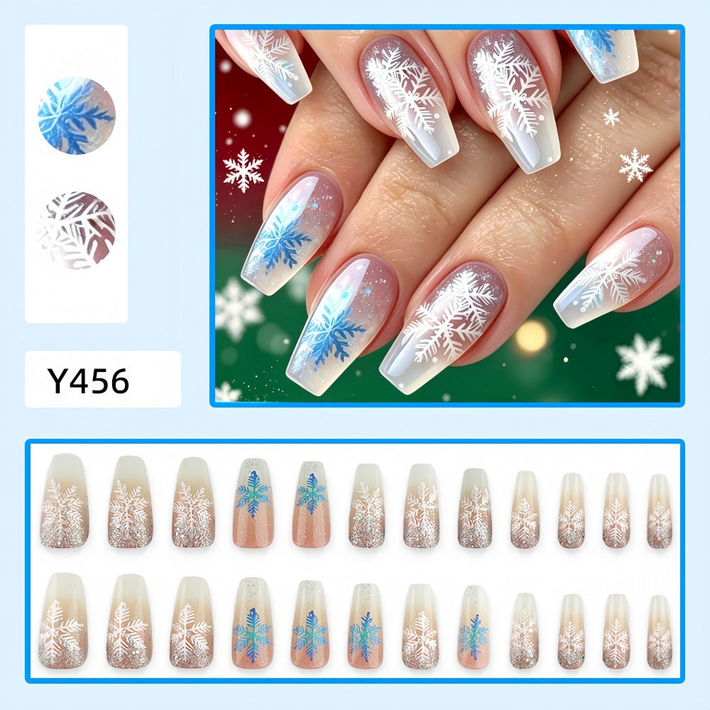 Blue & Blush Snowflakes Christmas press-on nail design, style Y456, 24-piece set