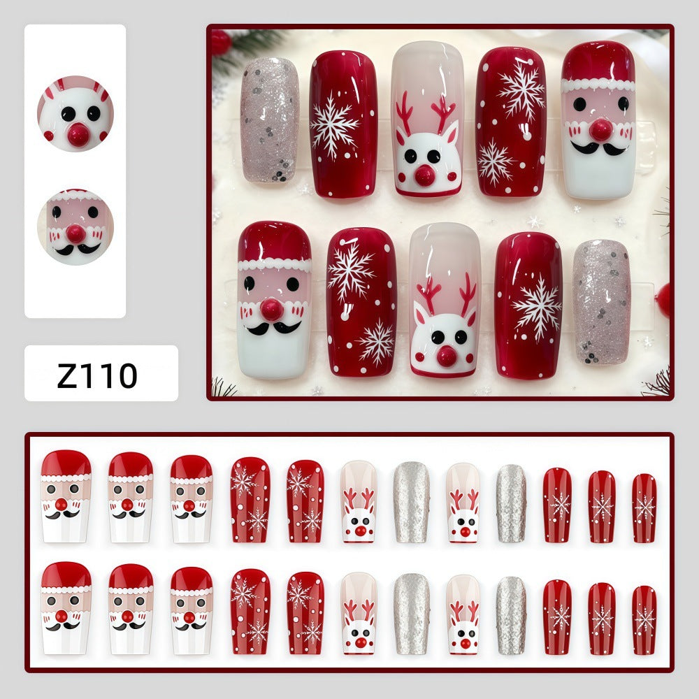 Red Reindeer & Snowflakes Christmas press-on nail design, style Z110, 24-piece set