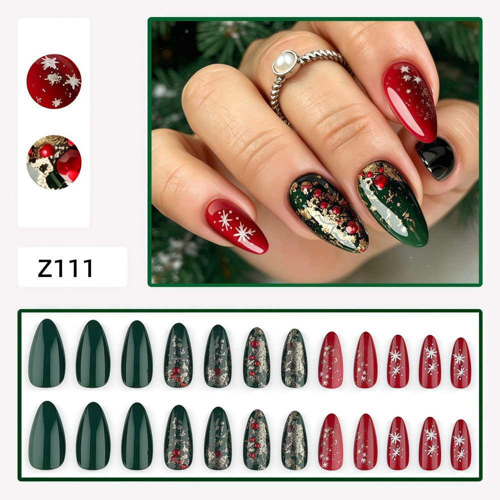 Red & Green Glitter French Christmas press-on nail design, style Z111, 24-piece set