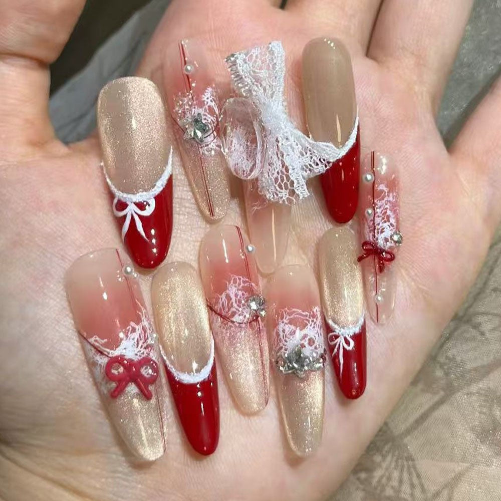 Nude & Red Bow Accents Christmas press-on nail design, style Z124, 24-piece set