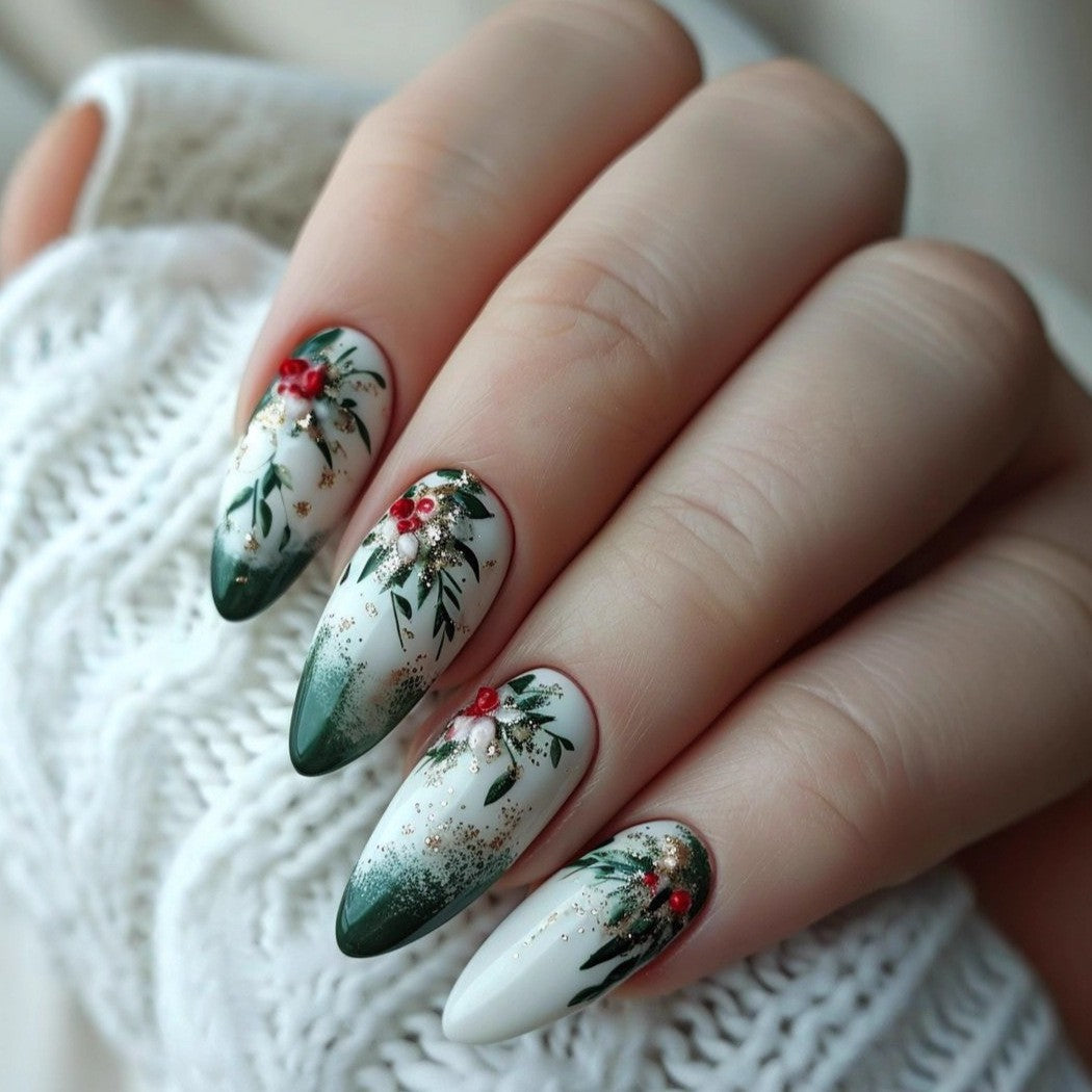 Emerald Winter French Christmas press-on nail design, style Z125, 24-piece set