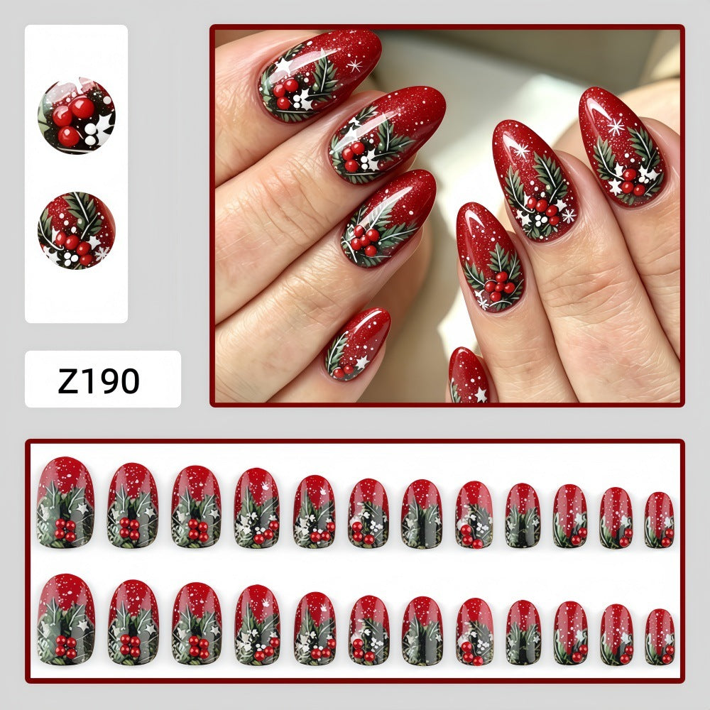 Burgundy Christmas Accents Christmas press-on nail design, style Z190, 24-piece set