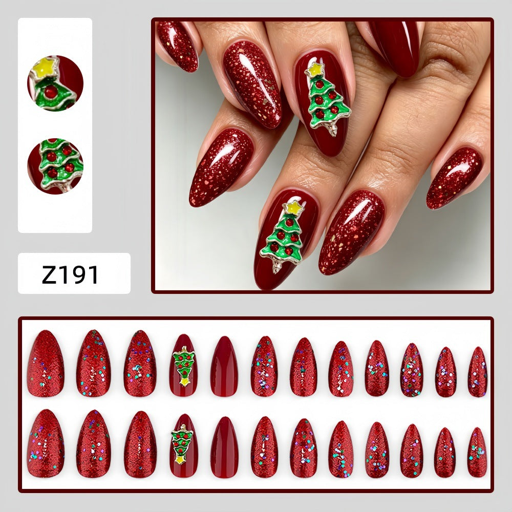 Red Christmas Tree Glitter Christmas press-on nail design, style Z191, 24-piece set