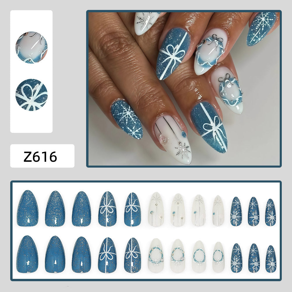 Icy Blue Jewel-Look Snowflakes Christmas press-on nail design, style Z616, 24-piece set