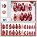 Burgundy Snowflakes & Jewel-Look Christmas press-on nail design, style Z617, 24-piece set
