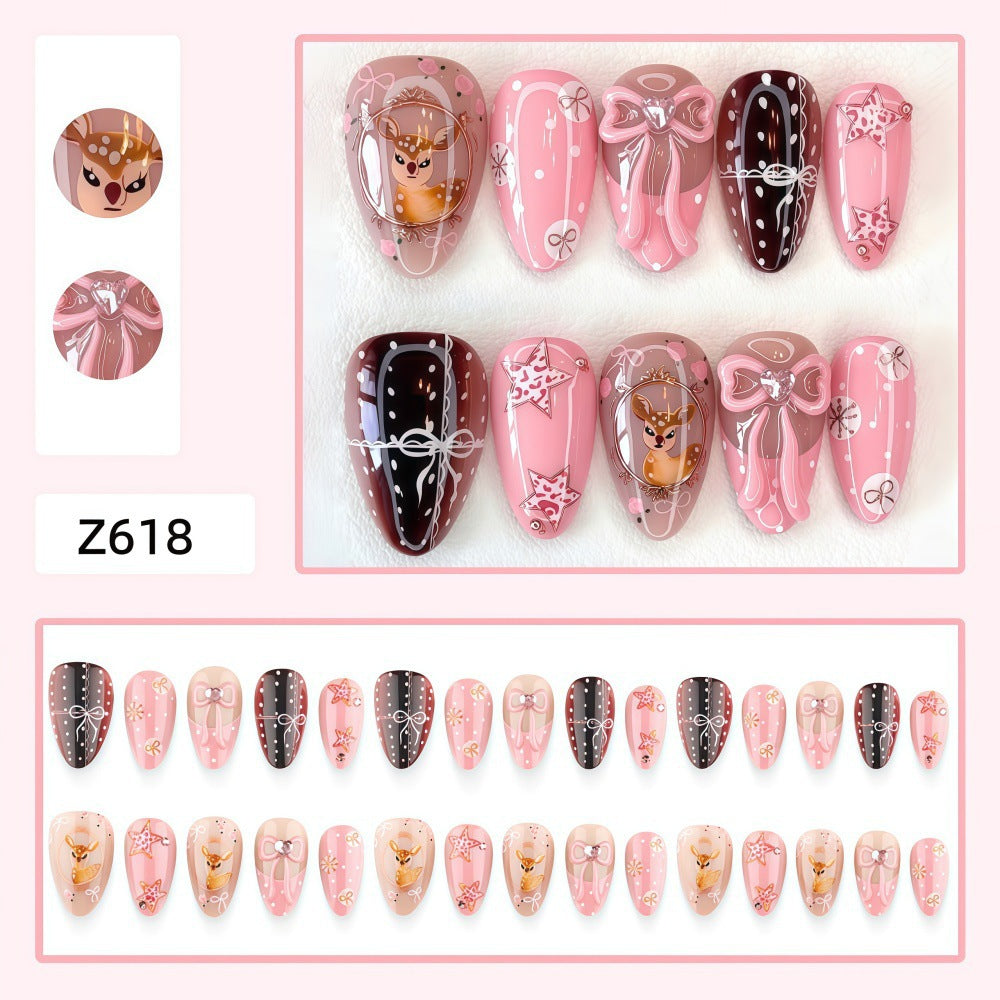 Pink Bows & Jewel-Look Accents Christmas press-on nail design, style Z618, 30-piece set