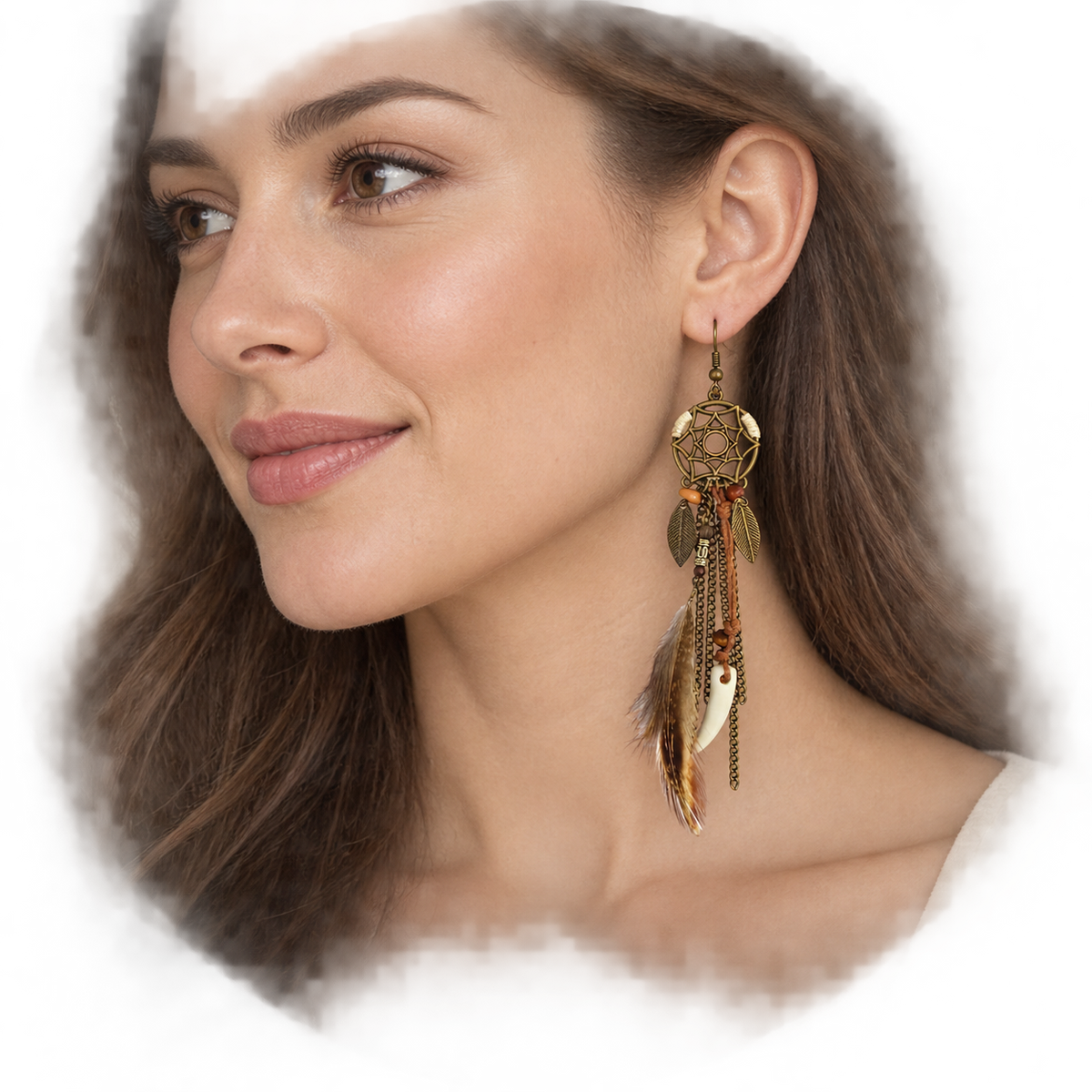 AI-generated styling illustration of an E33 brown feather earring; refer to the actual product photo for details