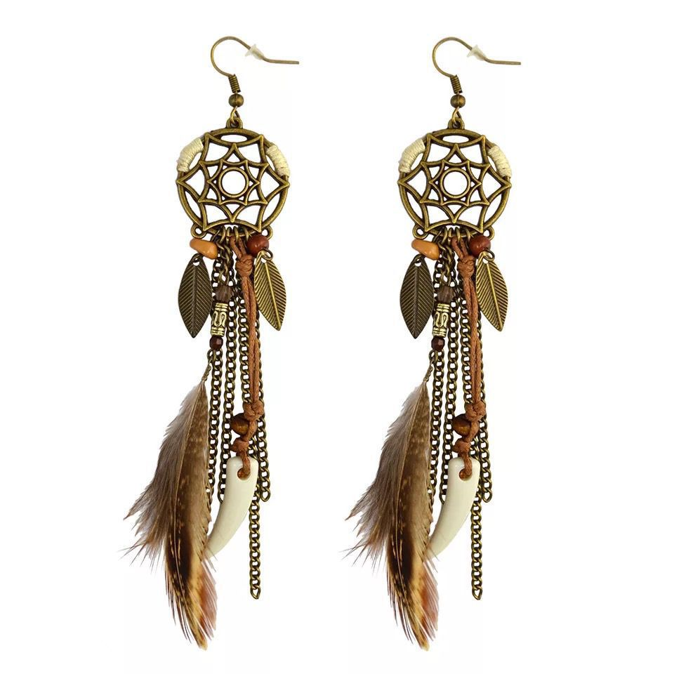 Pair of E33 brown feather earrings with open-center web medallions, leaf charms and chain tassels