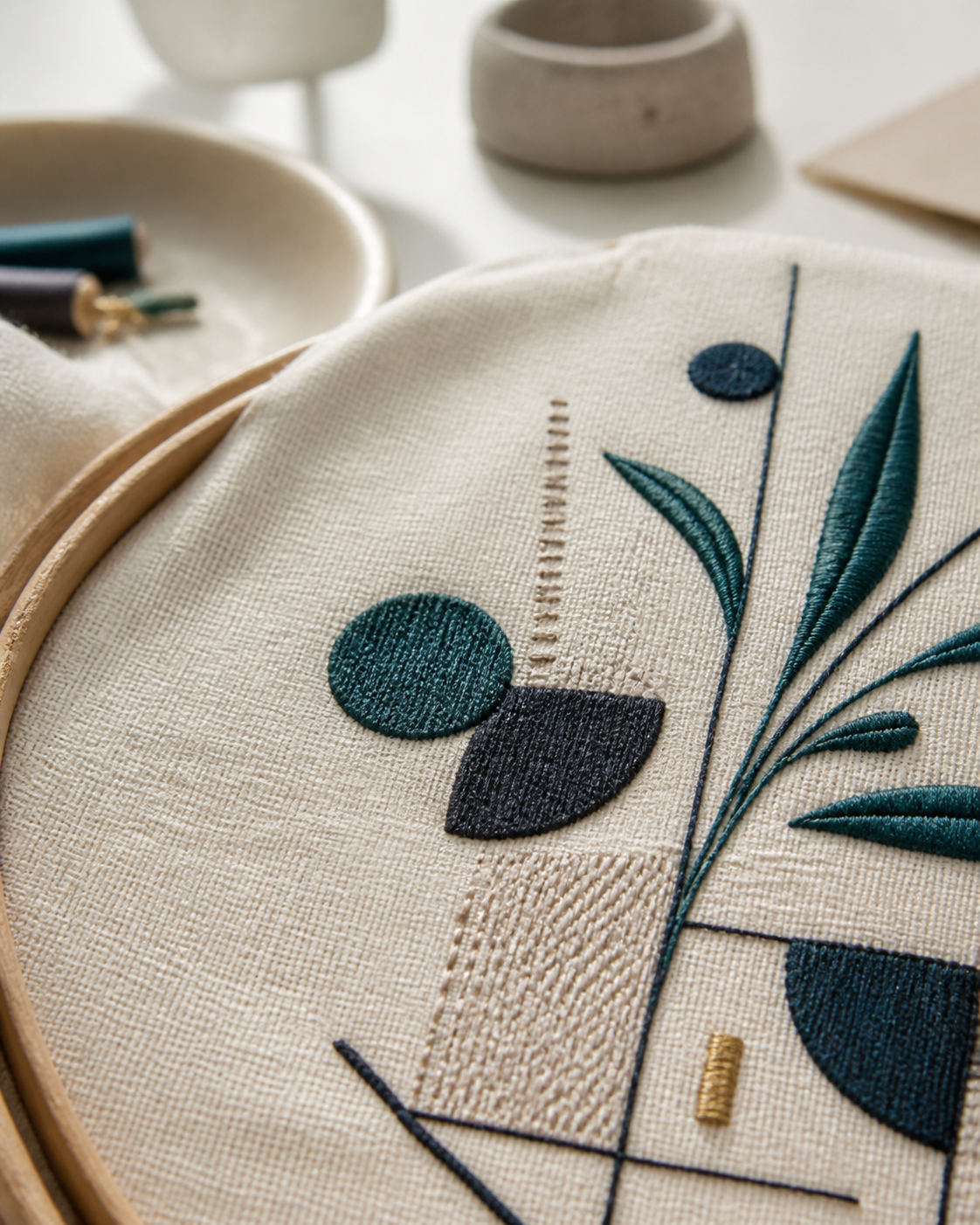 Contemporary teal embroidery detail on warm ivory textile