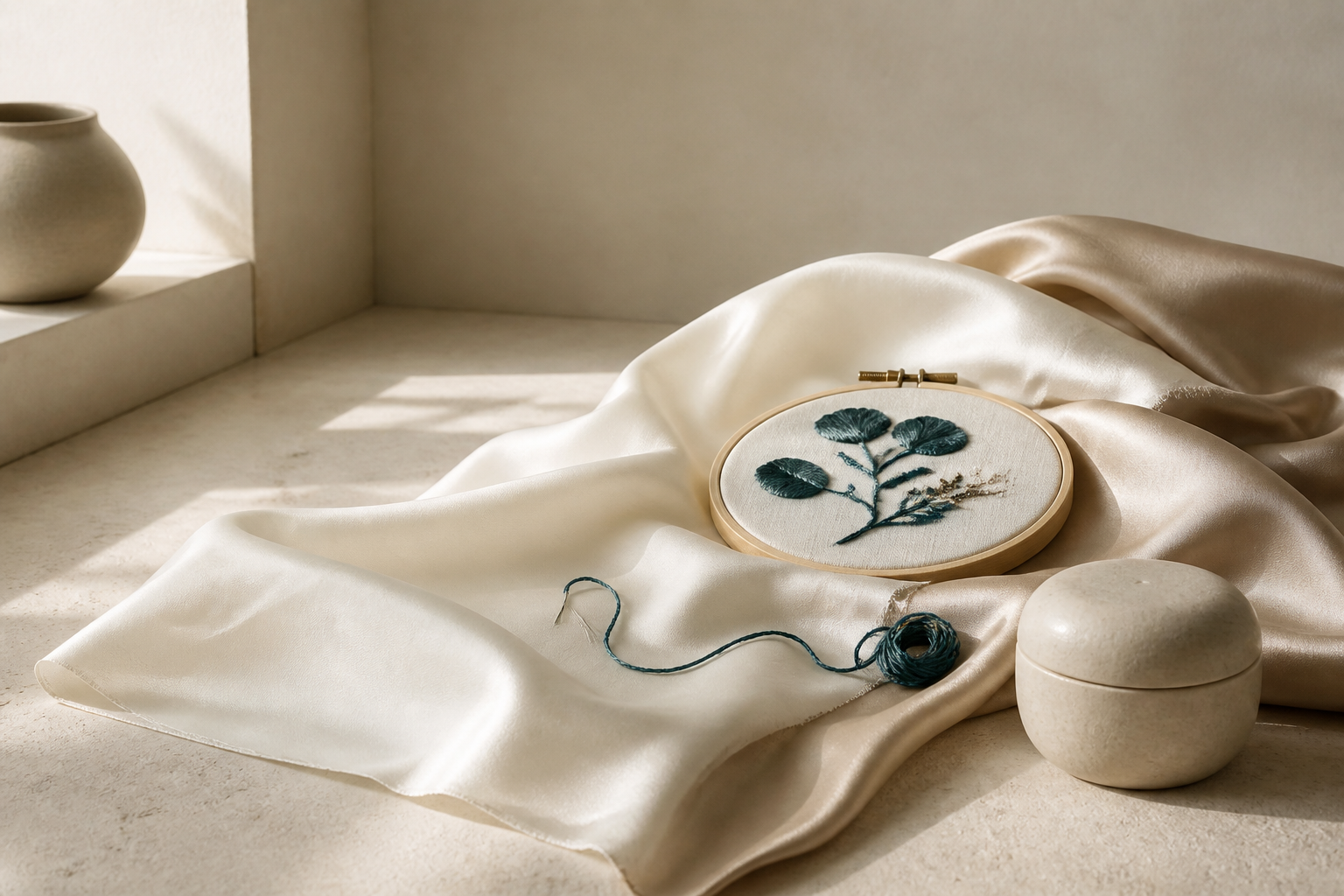 Silk, embroidery and handcrafted gifting editorial still life