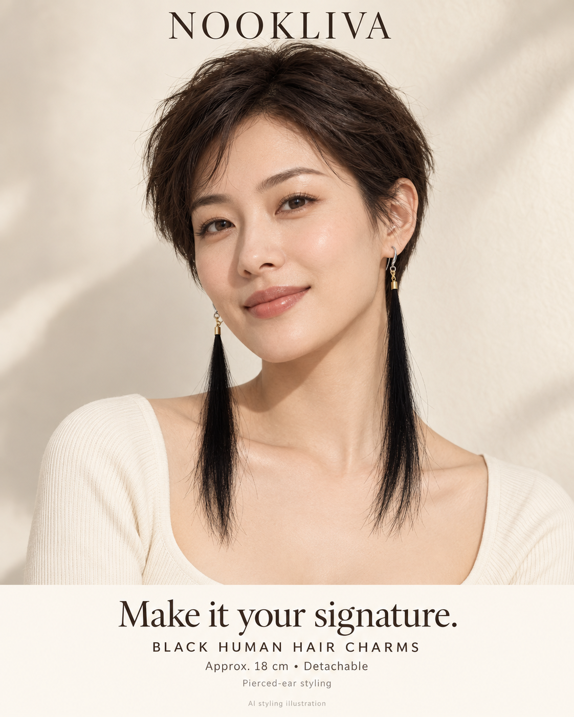 AI styling illustration of black human hair charms worn with pierced-ear hooks.