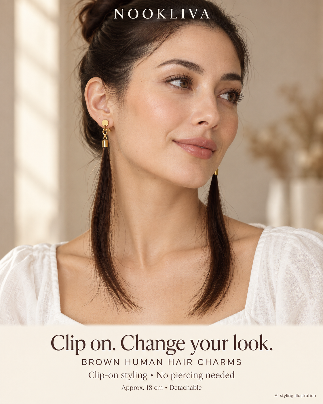 AI styling illustration of brown human hair charms worn with gold-tone clip-on earring bases.