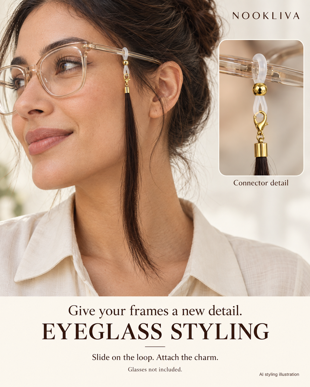 AI styling illustration of a brown human hair charm connected to an eyeglass temple with the included silicone loop. Glasses not included.