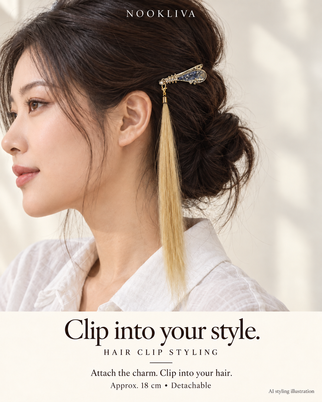AI styling illustration of a blonde human hair charm attached to a blue pipa-style hair clip worn in an updo.