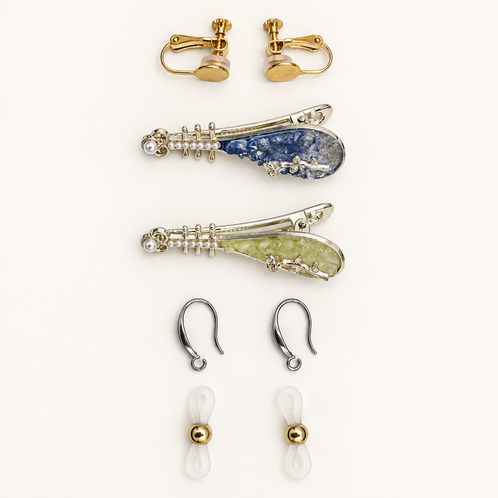 Included attachments: two gold-tone clip-on earring bases, two pipa-style hair clips, two stainless steel pierced-ear hooks and two eyeglass connector loops.
