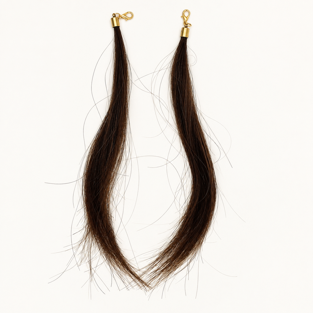 Pair of Brown human hair charms with gold-tone lobster clasps, approximately 18 cm hair length.