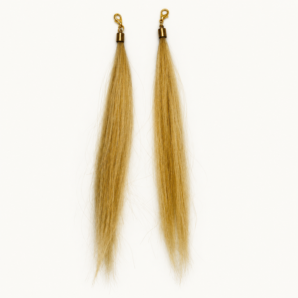 Pair of Blonde human hair charms with gold-tone lobster clasps, approximately 18 cm hair length.