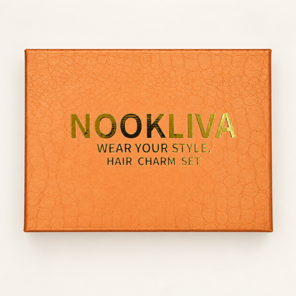 Orange NOOKLIVA Hair Charm Set box with gold-tone brand lettering.