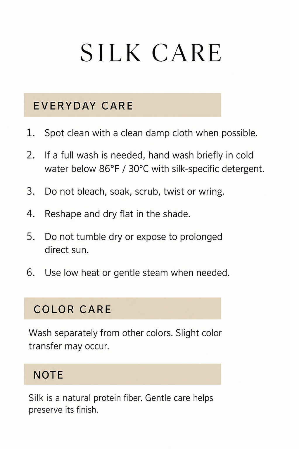 Silk care instructions for the long-tie wide-brim hat