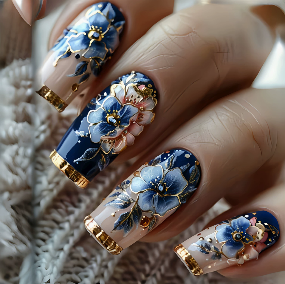 Navy & Gold-Look Floral press-on nail design, style Y056