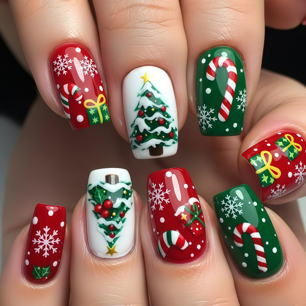 Red, green and white Christmas press-on nails with snowflakes, candy canes and Christmas trees, style Y1007