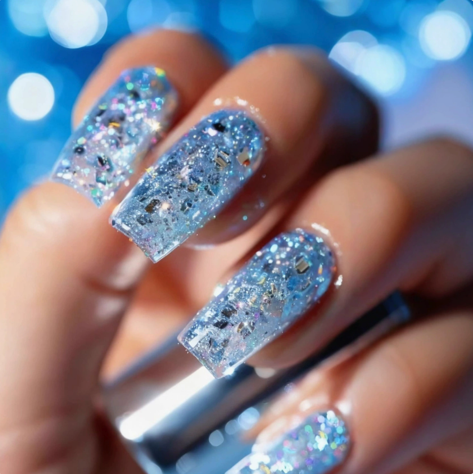 Icy Blue Sparkle press-on nail design, style Y331
